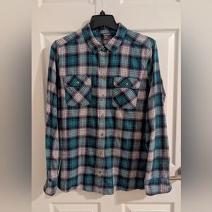 Eddie Bauer Women's Flannel Shirt Large Plaid Cotton Button Down Teal Pink Blue